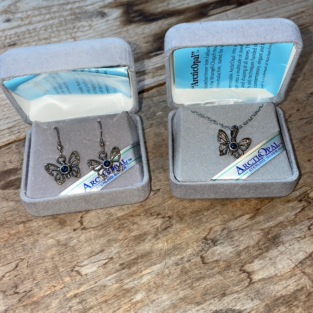 Arctic opal || butterfly necklace and earrings set